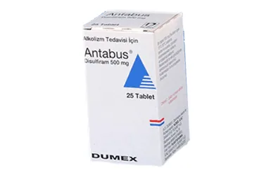 Disülfiram içeren tablet: ANTABUSE 500 MG 25 TABLET kutusu. Üretici: NOBEL İLAÇ SAN. VE TİC. A.Ş.