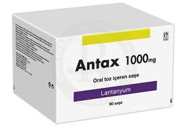 ANTAX 1000 MG ORAL TOZ ICEREN 90 SASE kutusu, saşe formunda lantanyum karbonat içerir. Üretici: NOBEL İLAÇ PAZARLAMA VE SANAYİİ LTD. ŞTİ.