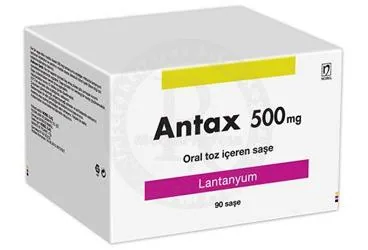 ANTAX 500 MG ORAL TOZ ICEREN 90 SASE kutusu. Lantanyum karbonat içeren saşe. Üretici: NOBEL İLAÇ PAZARLAMA VE SANAYİİ LTD. ŞTİ.