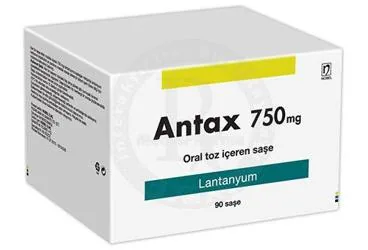 ANTAX 750 MG ORAL TOZ ICEREN 90 SASE ambalajı. Lantanyum karbonat içeren saşe. Üretici: NOBEL İLAÇ PAZARLAMA VE SANAYİİ LTD. ŞTİ.