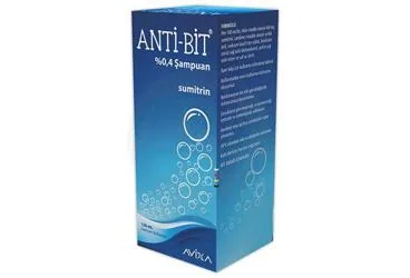 ANTI-BIT %0,4 ŞAMPUAN 150 ML ürün ambalajı. Etkin maddesi sumitrin. Üretici: AVİXA İLAÇ SANAYİ VE TİCARET ANONİM ŞİRKETİ.