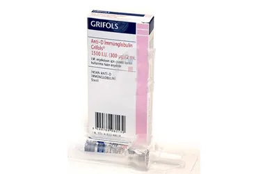 ANTI-D IMMUNGLOBULIN GRIFOLS 1500 IU ENJ. ICIN COZ. ICEREN KULLANIMA HAZIR ENJEKTOR (anti rh immunglobulin) ambalajı, enjeksiyonluk ürün. Üretici: DEM İLAÇ SAN. VE TİC. A.Ş.