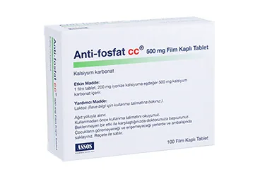 ANTI-FOSFAT CC 500 MG 100 TABLET ürün ambalajı. Kalsiyum karbonat içeren tablet. Üretici: ASSOS İLAÇ KİMYA GIDA ÜRÜNLERİ ÜRETİM VE TİC. A.Ş.
