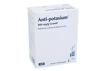 Polistiren sülfonat içeren ANTI-POTASIUM 880 MG/G GRANUL kutu fotoğrafı. Üretici: ASSOS İLAÇ KİMYA GIDA ÜRÜNLERİ ÜRETİM VE TİC. A.Ş.