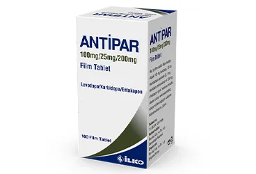 ANTIPAR 100/25/200 MG 100 FILM TABLET kutusu. Levodopa + karbidopa + entakapon içeren film kaplı tablet. Üretici: İLKO İLAÇ SAN. VE TİC. A.Ş.