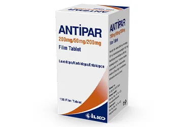 ANTIPAR 200/50/200 MG 100 FILM TABLET (levodopa + karbidopa + entakapon) kutusu, film kaplı tablet. Üretici: İLKO İLAÇ SAN. VE TİC. A.Ş.