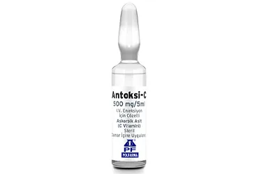 ANTOKSI-C 500 MG/5 ML I.V. ENJEKSIYON ICIN COZELTI ambalajı, çözelti formunda vitamin c içerir. Üretici: POLİFARMA İLAÇ SAN. VE TİC. A.Ş.