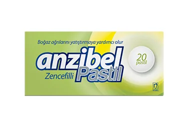 Klorheksidin kombinasyonları içeren ANZIBEL 5 MG / 4 MG / 3 MG EKINEZYALI 20 PASTIL kutusu. Üretici: NOBEL İLAÇ SAN. VE TİC. A.Ş.