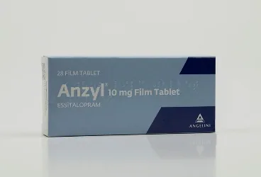 ANZYL 10 MG 28 FILM TABLET kutu fotoğrafı. Essitalopram içeren film kaplı tablet. Üretici: ANGELINI İLAÇ SANAYİ VE TİCARET ANONİM ŞİRKETİ.