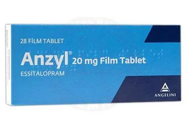 Essitalopram içeren film kaplı tablet: ANZYL 20 MG 28 FILM TABLET kutusu. Üretici: ANGELINI İLAÇ SANAYİ VE TİCARET ANONİM ŞİRKETİ.