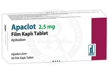 APACLOT 2,5 MG FILM KAPLI TABLET (56 FILM KAPLI TABLET) ambalajı, film kaplı tablet formunda apiksaban içerir. Üretici: DEVA HOLDİNG ANONİM ŞİRKETİ.