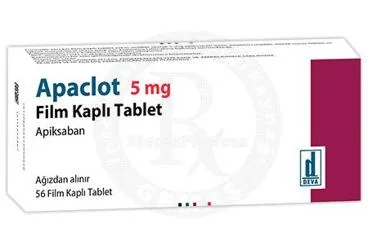 APACLOT 5 MG FILM KAPLI TABLET (56 FILM KAPLI TABLET) ambalajı. Apiksaban içeren film kaplı tablet. Üretici: DEVA HOLDİNG ANONİM ŞİRKETİ.