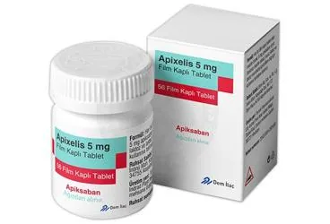 Apiksaban içeren film kaplı tablet: APIXELIS 5 MG FILM KAPLI TABLET (56 TABLET) ürün ambalajı. Üretici: DEM İLAÇ SAN. VE TİC. A.Ş.