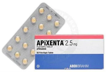 APIXENTA 2,5 MG FILM KAPLI TABLET (56 ADET) ürün ambalajı, film kaplı tablet formunda apiksaban içerir. Üretici: ABDİ İBRAHİM İLAÇ SANAYİ VE TİCARET A.Ş.