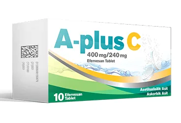 APLUSC 400 MG/240 MG 20 EFERVESAN TABLET ambalajı. Asetilsalisilik asit + vitamin c içeren efervesan tablet. Üretici: CELTİS İLAÇ SAN. VE TİC. A.Ş.