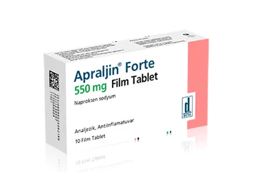 Naproksen sodyum içeren film kaplı tablet: APRALJIN FORTE 550 MG 10 FILM TABLET kutusu. Üretici: DEVA HOLDİNG ANONİM ŞİRKETİ.