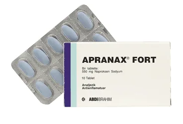 APRANAX FORT 550 MG 10 FILM KAPLI TABLET ambalajı. Naproksen sodyum içeren film kaplı tablet. Üretici: ABDİ İBRAHİM İLAÇ SANAYİ VE TİCARET A.Ş.