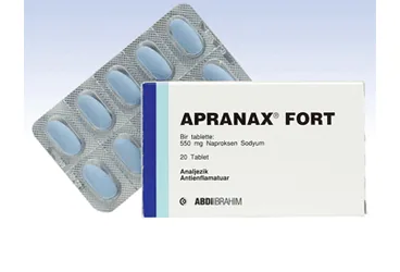 Naproksen sodyum içeren film kaplı tablet: APRANAX FORT 550 MG 20 FILM KAPLI TABLET ürün ambalajı. Üretici: ABDİ İBRAHİM İLAÇ SANAYİ VE TİCARET A.Ş.