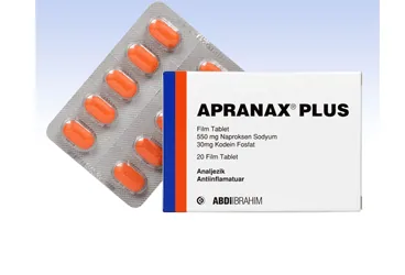 APRANAX PLUS 550 MG/30 MG 20 FILM TABLET ambalajı. Naproksen + kodein içeren film kaplı tablet. Üretici: ABDİ İBRAHİM İLAÇ SANAYİ VE TİCARET A.Ş.
