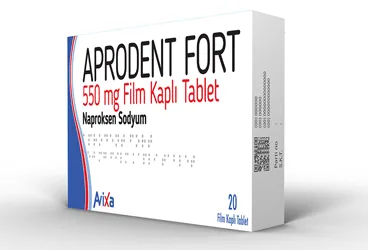 APRODENT FORT 550 MG FILM 10 TABLET (naproksen sodyum) ürün ambalajı, tablet. Üretici: DENTORAL MEDIFARMA.