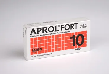 APROL FORT 550 MG FILM KAPLI TABLET (10 TABLET) kutusu, film kaplı tablet formunda naproksen sodyum içerir. Üretici: BİLİM İLAÇ SANAYİİ VE TİCARET A.Ş.