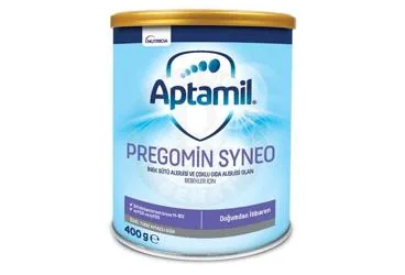 Tibbi amacli mama içeren APTAMIL PREGOMIN SYNEO 400 G kutusu. Üretici: NUMIL GIDA ÜRÜNLERİ SANAYİ VE TİCARET A.Ş.