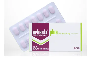 Irbesartan + hidroklorotiyazid içeren film kaplı tablet: ARBESTA PLUS 300 MG/25 MG 28 FILM TABLET ürün ambalajı. Üretici: ALİ RAİF İLAÇ SANAYİ A.Ş.