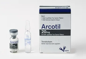 ARCOTIL 20 MG IV/IM LIYOFILIZE TOZ ICEREN FALAKON (1 FLAKON+1 COZUCU AMPUL) ürün ambalajı. Tenoksikam içeren ampul. Üretici: VEM İLAÇ SAN. VE TİC. ANONİM ŞİRKETİ.