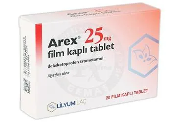 Deksketoprofen içeren film kaplı tablet: AREX 25 MG FILM KAPLI TABLET (20 TABLET) ambalajı. Üretici: LİLYUM İLAÇ VE KİMYA SANAYİ TİCARET ANONİM ŞİRKETİ.
