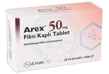 AREX 50 MG FILM KAPLI TABLET (30 TABLET) kutu fotoğrafı. Deksketoprofen içeren film kaplı tablet. Üretici: LİLYUM İLAÇ VE KİMYA SANAYİ TİCARET ANONİM ŞİRKETİ.