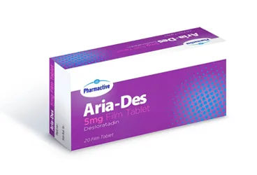 ARIA-DES 5 MG FILM KAPLI TABLET (20 FILM KAPLI TABLET) ambalajı, film kaplı tablet formunda desloratadin içerir. Üretici: HUMANİS SAĞLIK ANONİM ŞİRKETİ.
