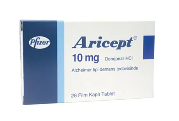 ARICEPT 10 MG FILM KAPLI TABLET (28 TABLET) ürün ambalajı. Donepezil içeren film kaplı tablet. Üretici: PFİZER PFE İLAÇLARI ANONİM ŞİRKETİ.