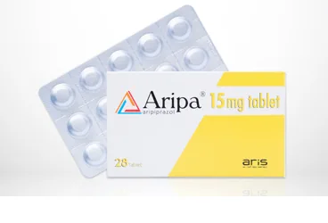 Aripiprazol içeren tablet: ARIPA 15 MG 28 TABLET kutusu. Üretici: ALİ RAİF İLAÇ SANAYİ A.Ş.