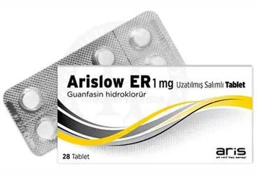 Guanfasin içeren tablet: ARISLOW ER 1 MG UZATILMIS SALIMLI TABLET (28 TABLET) kutu fotoğrafı. Üretici: ALİ RAİF İLAÇ SANAYİ A.Ş.