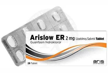 Guanfasin içeren tablet: ARISLOW ER 2 MG UZATILMIS SALIMLI TABLET (28 TABLET) kutusu. Üretici: ALİ RAİF İLAÇ SANAYİ A.Ş.