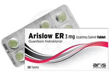 Guanfasin içeren tablet: ARISLOW ER 3 MG UZATILMIS SALIMLI TABLET (28 TABLET) ambalajı. Üretici: ALİ RAİF İLAÇ SANAYİ A.Ş.