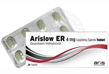 Guanfasin içeren tablet: ARISLOW ER 4 MG UZATILMIS SALIMLI TABLET (28 TABLET) ambalajı. Üretici: ALİ RAİF İLAÇ SANAYİ A.Ş.
