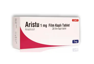 Anastrozol içeren tablet: ARISTU 1 MG 28 TABLET kutusu. Üretici: ONKO İLAÇ SANAYİ VE TİCARET ANONİM ŞİRKETİ.
