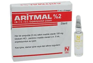 ARITMAL %2 100 MG 5 ML 5 AMPUL ambalajı. Lidokain hcl içeren ampul. Üretici: OSEL İLAÇ SANAYİ VE TİCARET ANONİM ŞİRKETİ.