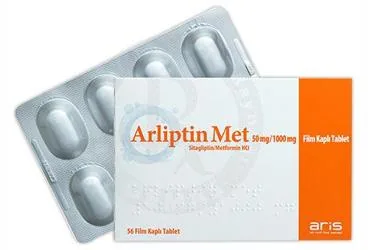 ARLIPTIN MET 50 MG/1000 MG FILM KAPLI TABLET (56 TABLET) (metformin + sitagliptin) ürün ambalajı, film kaplı tablet. Üretici: ALİ RAİF İLAÇ SANAYİ A.Ş.