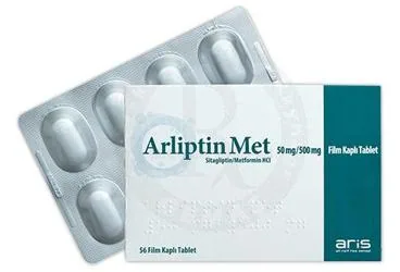 ARLIPTIN MET 50 MG/500 MG FILM KAPLI TABLET (56 TABLET) kutusu. Metformin + sitagliptin içeren film kaplı tablet. Üretici: ALİ RAİF İLAÇ SANAYİ A.Ş.