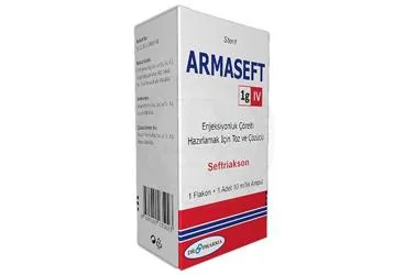 ARMASEFT 1 G IV ENJEKTABL TOZ ICEREN FLAKON (1 FLAKON+10 ML AMPUL) ürün ambalajı. Seftriakson içeren ampul. Üretici: DRPHARMA İLAÇ SANAYİ VE DIŞ TİCARET ANONİM ŞİRKETİ.