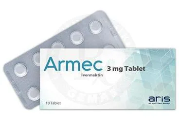 Ivermektin içeren tablet: ARMEC 3 MG TABLET (10 TABLET) ürün ambalajı. Üretici: ALİ RAİF İLAÇ SANAYİ A.Ş.