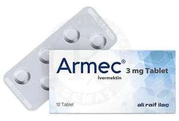 Ivermektin içeren tablet: ARMEC 3 MG TABLET (12 TABLET) ambalajı. Üretici: ALİ RAİF İLAÇ SANAYİ A.Ş.