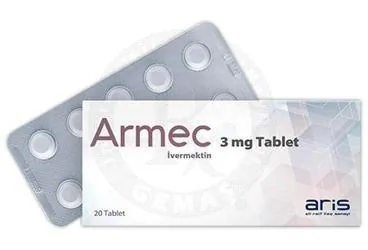 Ivermektin içeren tablet: ARMEC 3 MG TABLET (20 TABLET) kutusu. Üretici: ALİ RAİF İLAÇ SANAYİ A.Ş.