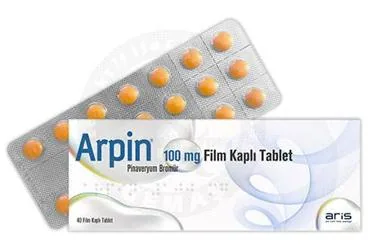 Pinaveryum bromür içeren film kaplı tablet: ARPIN 100 MG FILM KAPLI TABLET (40 ADET) ürün ambalajı. Üretici: ALİ RAİF İLAÇ SANAYİ A.Ş.