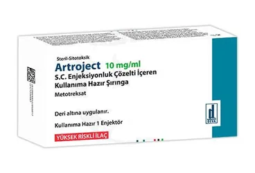 Metotreksat içeren çözelti: ARTROJECT 10 MG/1 ML S.C. ENJEKSIYONLUK COZELTI ICEREN KULLANIMA HAZIR SIRINGA (1 ADET) ürün ambalajı. Üretici: DEVA HOLDİNG ANONİM ŞİRKETİ.