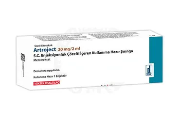 ARTROJECT 20 MG/2 ML S.C. ENJEKSIYONLUK COZELTI ICEREN KULLANIMA HAZIR SIRINGA (1 ADET) (metotreksat) ambalajı, çözelti. Üretici: DEVA HOLDİNG ANONİM ŞİRKETİ.