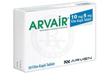 ARVAIR 10 MG/5 MG FILM KAPLI TABLET (30 TABLET) kutu fotoğrafı, film kaplı tablet formunda levosetirizin + montelukast içerir. Üretici: ARVEN İLAÇ SANAYİ VE TİCARET A.Ş.