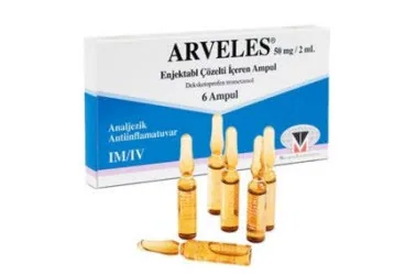 ARVELES 50 MG/ 2 ML ENJEKSIYONLUK COZELTI (10 AMPUL) kutu fotoğrafı. Deksketoprofen içeren çözelti. Üretici: MENARİNİ İLAÇ SANAYİ VE TİCARET A.Ş.